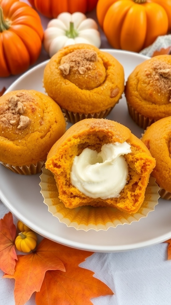 Freshly baked pumpkin muffins with cream cheese filling on a plate, surrounded by autumn decorations.